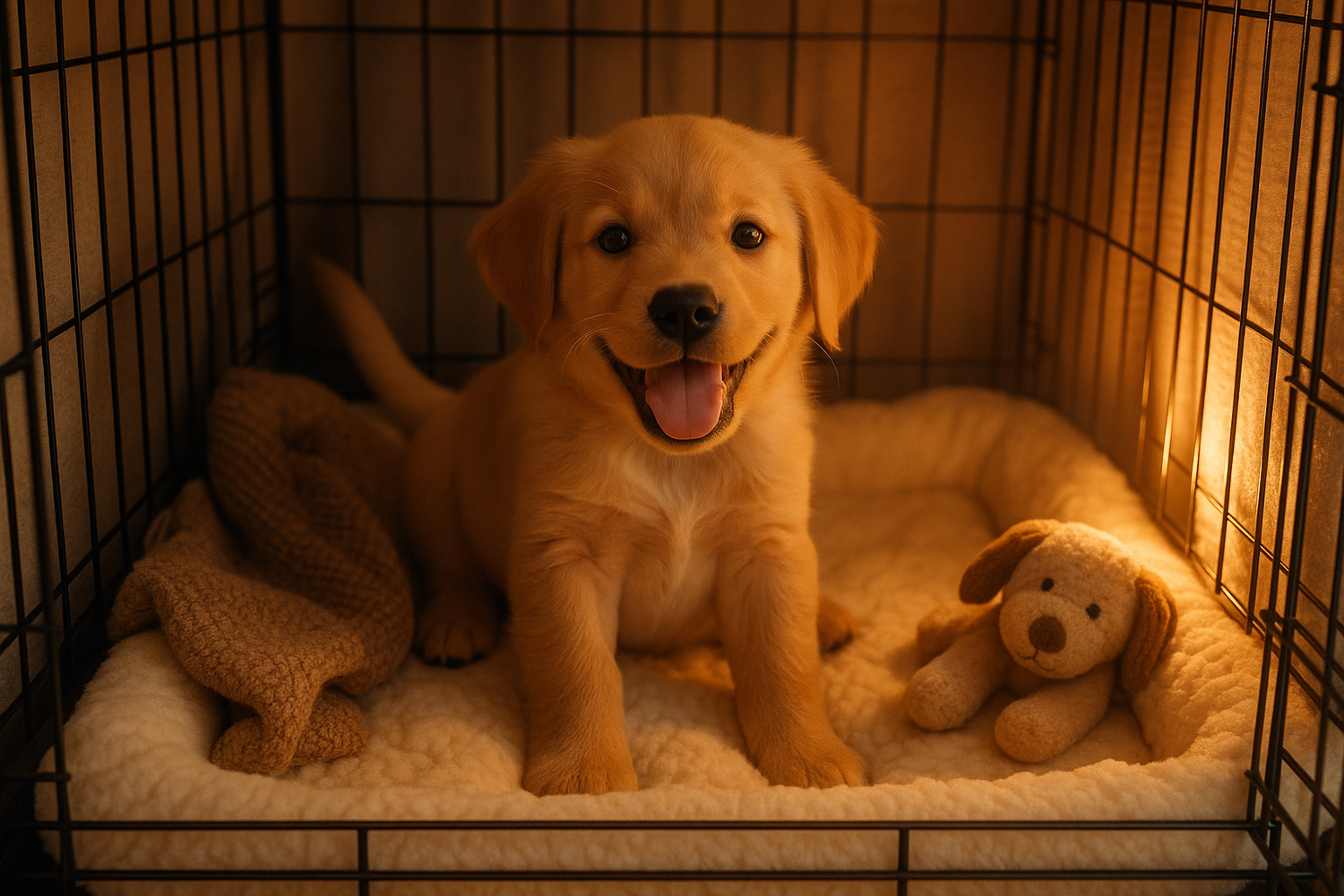 happy puppy in a cosy crate